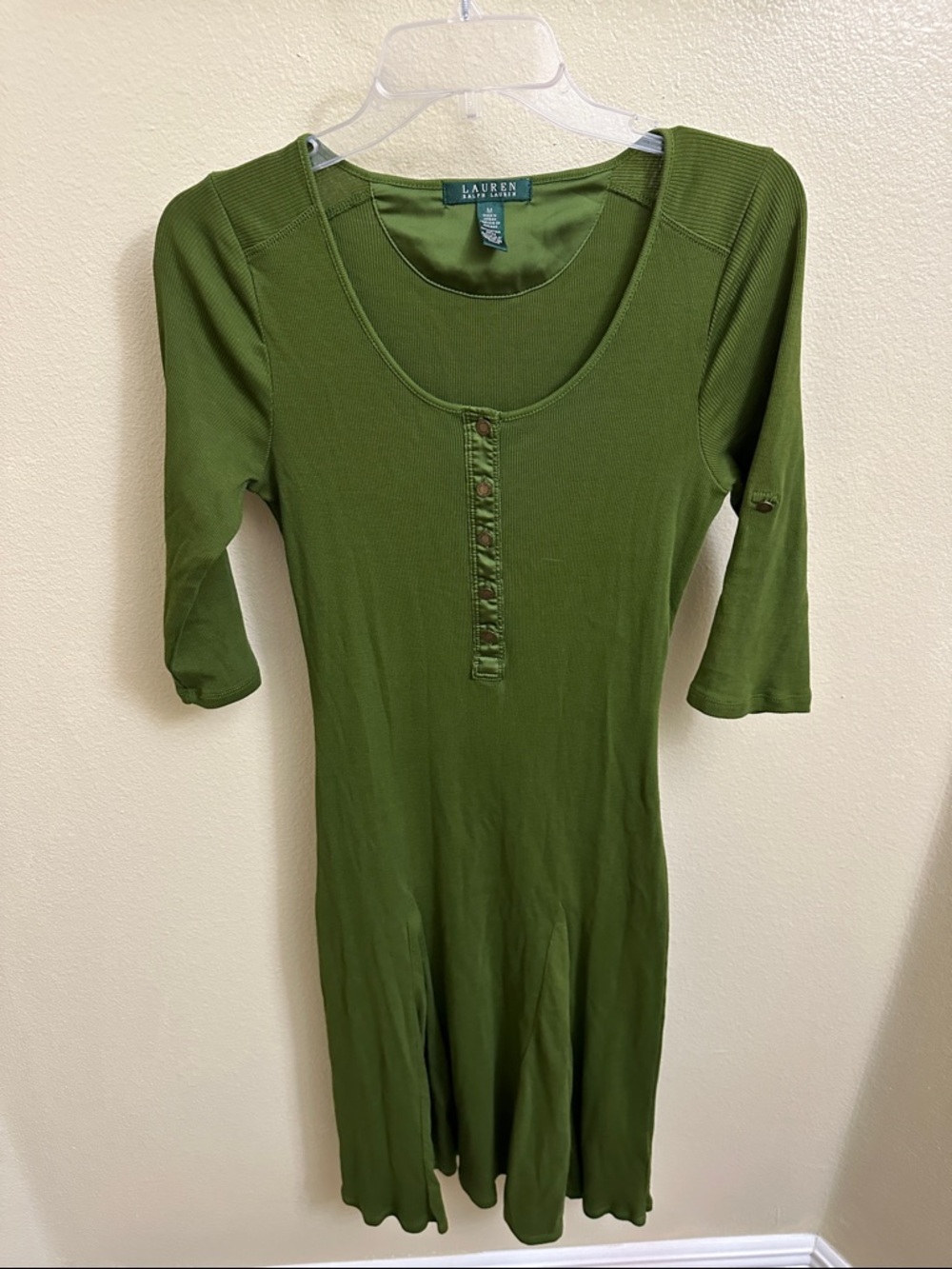 Lauren Ralph Lauren Army Green Ribbed Scoop-Neck Knit Dress medium
